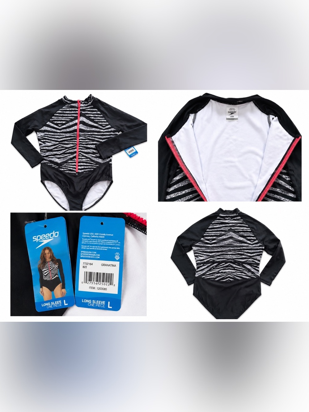 Speedo Black and White Zebra-Print Long-Sleeve One-Piece with Pink Zip